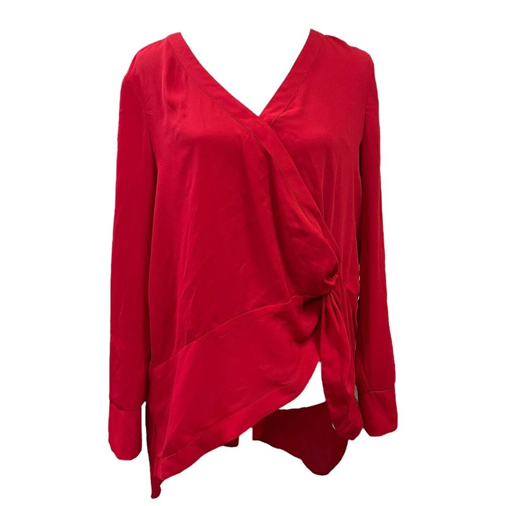 H by Halston Womens Size Large Flowy Hi Low Long Sleeve Faux Wrap Red Blouse